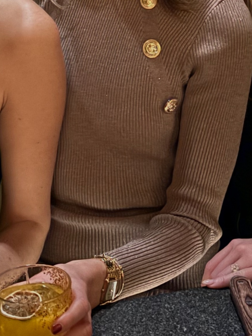 Retrofete Beige Metallic Ribbed Mock-Neck Mini Dress with Gold Buttons - Picture 4 of 4
